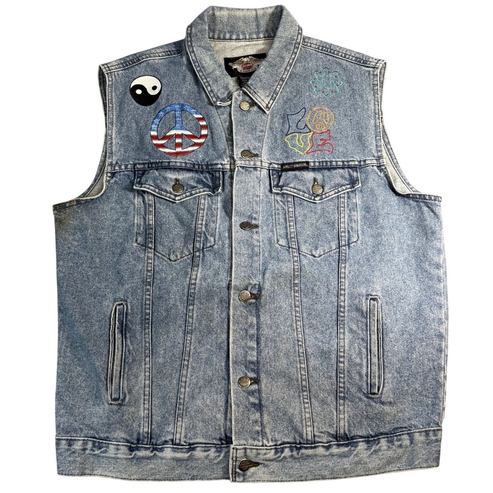 VINTAGE Hippy Harley-Davidson Denim Vest Embroidered Patches Peace Love Pride - Picture 2 of 16